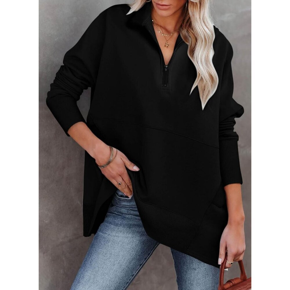 Women's Oversized Pullover Sweatshirt Long Sleeve Half Zip Casual - Picture 2 of 5